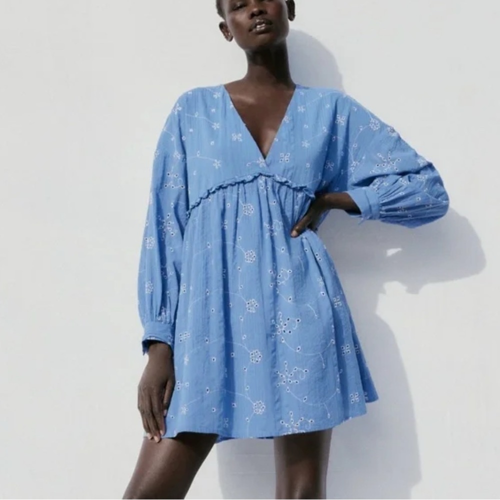 Zara Blue Mini Dress with White Floral Design